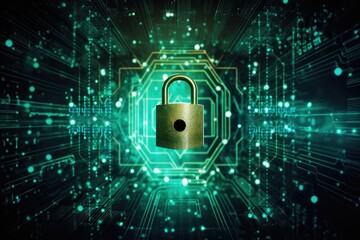 Fototapete - Hacker security with lock background, High security green background in network