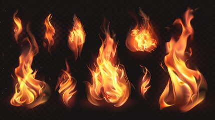 Wall Mural - Set of realistic flames on transparent background. Burning campfire effect or candle blaze. Shining orange and yellow flare design elements 3D modern illustration, icon, clipart.