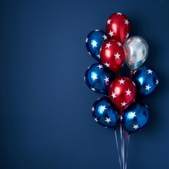 Patriotic Celebration: Red, White, and Blue Star-Spangled Balloons Against Dark Blue Background. copy space concept independence day