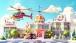 Isolated hospital building, ambulance car, and helicopter on white background. Modern cartoon illustration of medical clinic, emergency rescue, and ambulatory service.