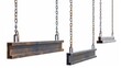 A realistic 3D modern illustration set of steel beams, straight metal industrial girder pieces hanging from chains, for construction and building works.