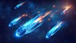 A falling comet, an asteroids or a meteor with a blue flame trail in the cosmos. Modern illustration of a black sky with stars, a flying glowing meteorite and fireballs.