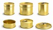 Authentic 3D modern set of gold tin cans with pull ring top and front views. Closed and open empty yellow canned jars with key and isolated aluminium preserve jars.