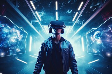 Fototapete - Person using vr and holographic world in the background, Man enjoying VR world