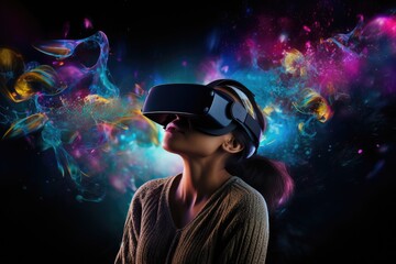 Fototapete - Person using vr and holographic world in the background, Man enjoying VR world