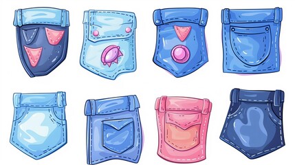 Canvas Print - Isolated on a white background, blue and pink jeans pockets with seams, buttons, flaps and embroidery. Modern cartoon set.