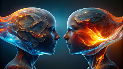 Poster - Two humanoid figures are depicted with heads that evoke the impression of planets, suggesting a cosmic theme. Their faces are in close proximity, almost touching, and are illuminated by dynamic.AI gen