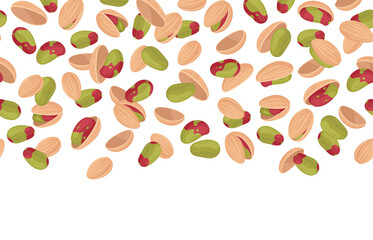 Canvas Print - Cartoon pistachio nuts background. Falling pistachios pattern, salty popping nuts snack flat vector backdrop illustration. Testy flying pistachio nuts on white