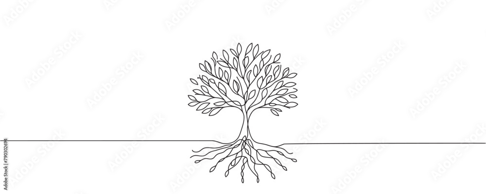 Tree Woith Rots Line Drawing tree in one line. Graphic vector illustration of a continuous line ...