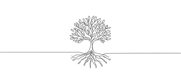 tree in one line. Graphic vector illustration of a continuous line drawing of a tree with roots