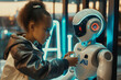 In a state-of-the-art research lab, a young girl AI training engineer engages in coding activities next to a humanoid robot adorned with the iconic 