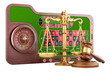 Roulette Table with wooden gavel and scales of justice. 3D rendering isolated on transparent background