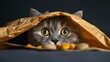 A chubby Scottish Fold cat peeking out from behind a bag of treats, its round eyes filled with anticipation.