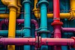 A Colorful Pipe System With Many Different Colored Pipes, Brightly colored industrial pipes weaving together intricately, AI Generated