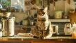 A rotund feline perched on a kitchen counter, eagerly anticipating a delicious meal as its owner prepares dinner.