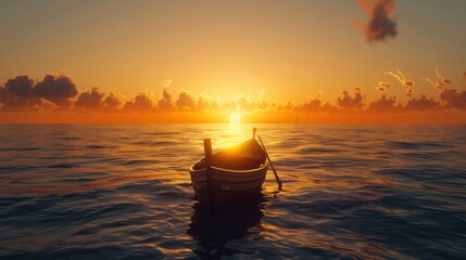 Wall Mural - A traditional wooden fishing boat sailing into the sunset, its silhouette framed against the vast expanse of the open ocean.