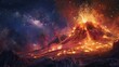 A volcano erupting in a spectacular display of lava and ash, against the backdrop of a starry night sky.