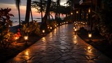 Fototapeta  - Evening shot of tiki torches lining a beach pathway, creating a mystical and inviting ambiance, suitable for resort advertising or tropical themed party planning