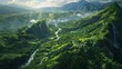 Aerial view of a volcanic landscape covered in lush greenery, with winding rivers and cascading waterfalls carving through the terrain.