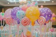 A table is completely covered with a multitude of brightly colored balloons and lollipops, Candyland themed balloons for a sweet birthday celebration, AI Generated