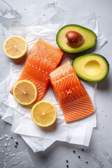 Wall Mural - Two Salmons With Avocado and Lemon on a Piece of Paper