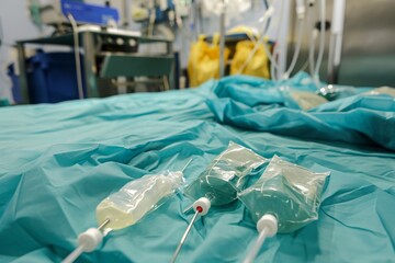 A hospital bed filled with a variety of medical devices and equipment, ready for patient care, Catheters and IV bags in a sterile environment, AI Generated