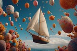 Fototapeta  - Levitation. Boat sailing in azure waters of heaven with balloons floating in the sky.