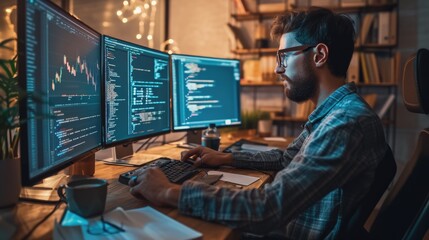 a software developer works on code late into the night, illuminated by the glow of multiple computer