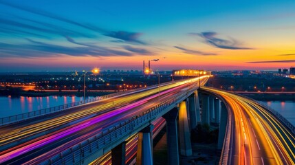 Aufkleber - Bridge traffic: Vehicles streak across a busy bridge, their lights creating a vibrant streak of movement against the backdrop of dusk.