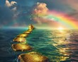 Golden footprints leading to a treasure chest at the end of a rainbow, journey to financial success, vibrant and mythical