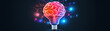 Anatomical brain with bulb flourishing from top, thinking icon, closeup, vivid colors, illustrative