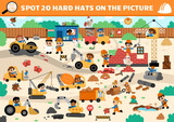Fototapeta Pokój dzieciecy - Vector construction site searching game with building works landscape. Spot hidden hard hats in the picture. Simple seek and find educational printable activity for kids with workers in uniform.