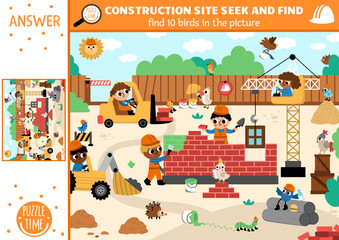 Wall Mural - Vector construction site searching game with building works landscape. Spot hidden birds in the picture. Simple seek and find educational printable activity for kids with workers and animals.