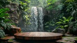 Fototapeta Przestrzenne - product photography, empty brown wooden podium on evergreen rain forest background.