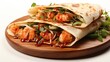 © Elena - Burrito wraps with shrimp and vegetables on a white background. Beef burrito, Mexican food.