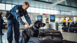 Focused bombsniffing dog conducting a security check on baggage in an airport, handler in uniform monitoring diligently
