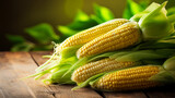 Fototapeta Motyle - A close-up of a fresh, yellow ear of corn with green husks