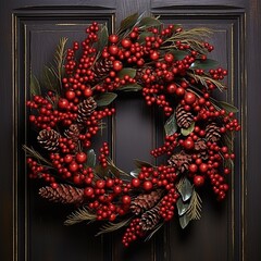 Wall Mural - Place a wreath adorned with red berries and pinecones on the wall, Ai generated