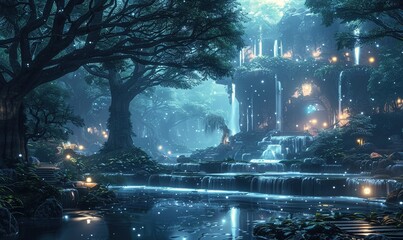 Wall Mural - A magical, nocturnal waterfall in the middle of the forest