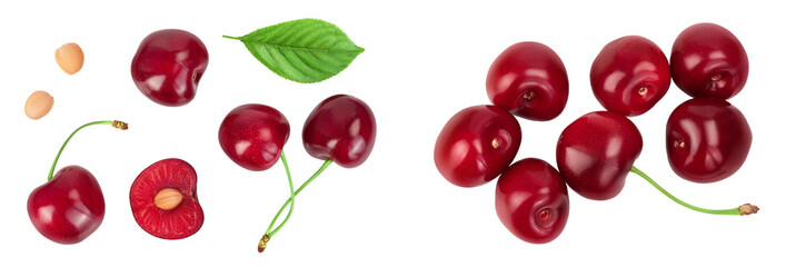 Wall Mural - red sweet cherry isolated on white background  . Top view. Flat lay