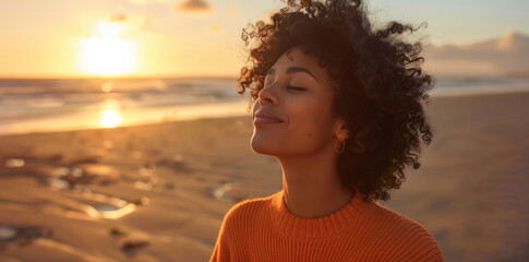 Woman, smile and meditation with breathing on beach for prayer, fresh air or spiritual yoga in nature. Faith, person or peaceful by ocean for sunset worship, holistic mindset or zen with christianity