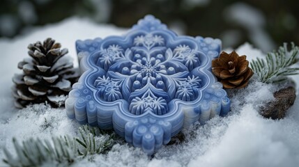 Canvas Print - snowflake ornament made of blue stone and pine cones in the snow. 