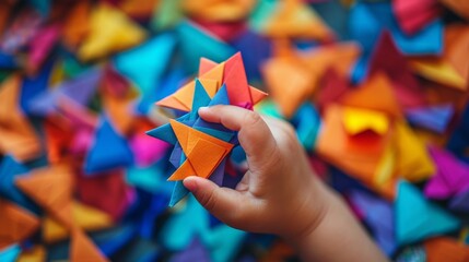 Poster - A child holding a small origami paper star in their hand, AI