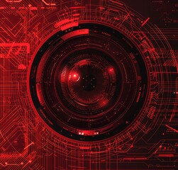 Wall Mural - A circular machine eye logo in the cyberpunk style, black and red colors, generated with AI