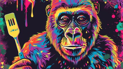 Wall Mural - A funky psychedelic gorilla holding a spatula, generated with AI