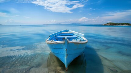 Wall Mural - A small boat is sitting on the water in a calm area, AI