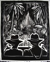 Wall Mural - A simple linocut art print depicting the adventure in jungle, generated with AI
