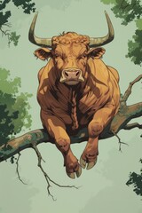 Wall Mural - A very heavy bull sits on a thin branch, illustration plain background, generated with AI