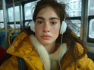 Canvas Print - A woman wearing headphones and a yellow jacket. She is sitting on a bus. Scene is calm and relaxed