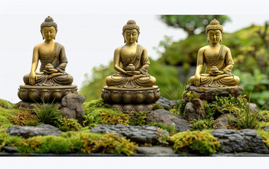 Wall Mural - Three golden Buddha statues in meditation poses, placed among moss and rocks in a serene garden setting.